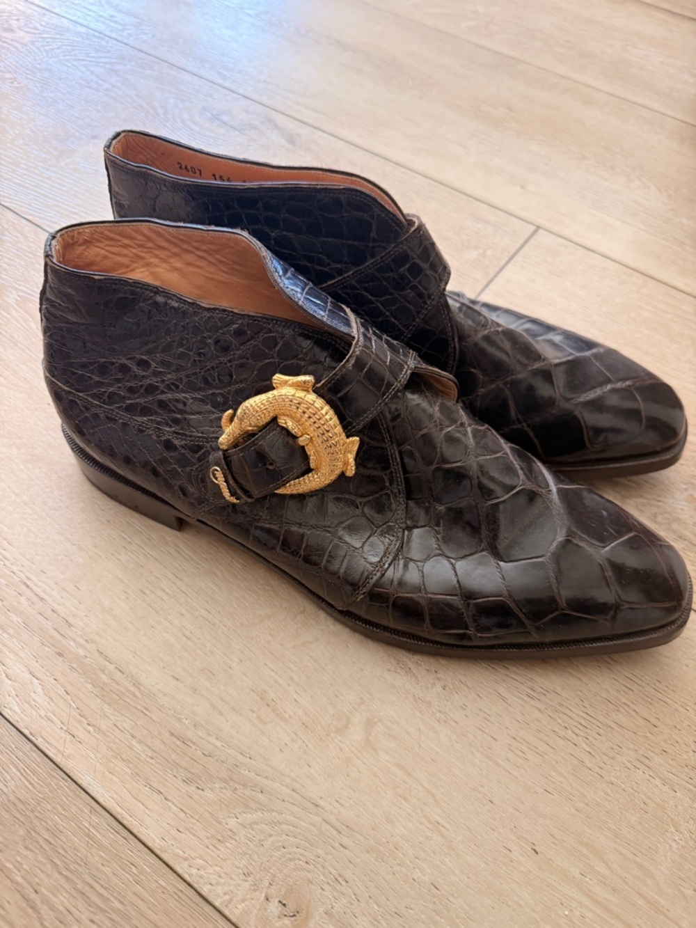 Rare Mauri Men's Black real alligator  Leather Monk Strap Boots with Gold Buckle